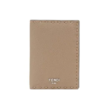 FENDI Calfskin Card Clip Card Holder Men's Beige