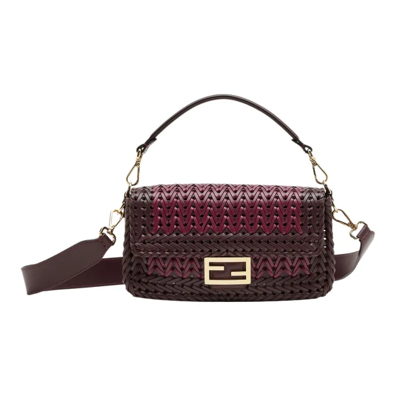 FENDI Baguette Leather Shoulder Bag Crossbody Bag Handbag Medium Size Women's Burgundy-0