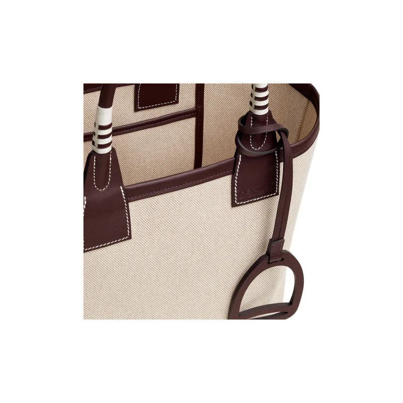 HERMES Canvas With Swift Calfskin Tote Bag Shopping Bag Handbag Women's Light Beige/Maroon-4