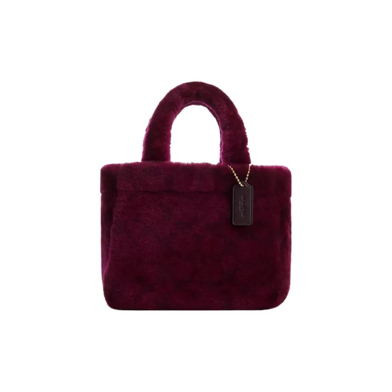 COACH Shearling Bonded Leather Tote Bag Shopping Bag Shoulder Bag Crossbody Bag Handbag Small Size Women's Burgundy-0