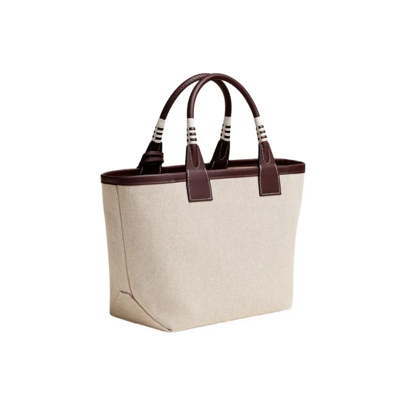 HERMES Canvas With Swift Calfskin Tote Bag Shopping Bag Handbag Women's Light Beige/Maroon-2
