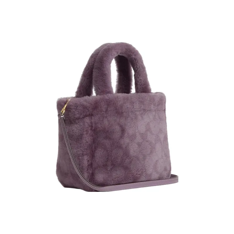 COACH Shearling With Smooth Leather Tote Bag Shopping Bag Shoulder Bag Crossbody Bag Handbag Small Size Women's Purple-1