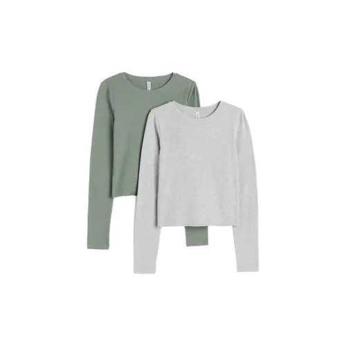 H&M T-Shirts Women's Set Of 2 Mixed Light Gray+Sage Green