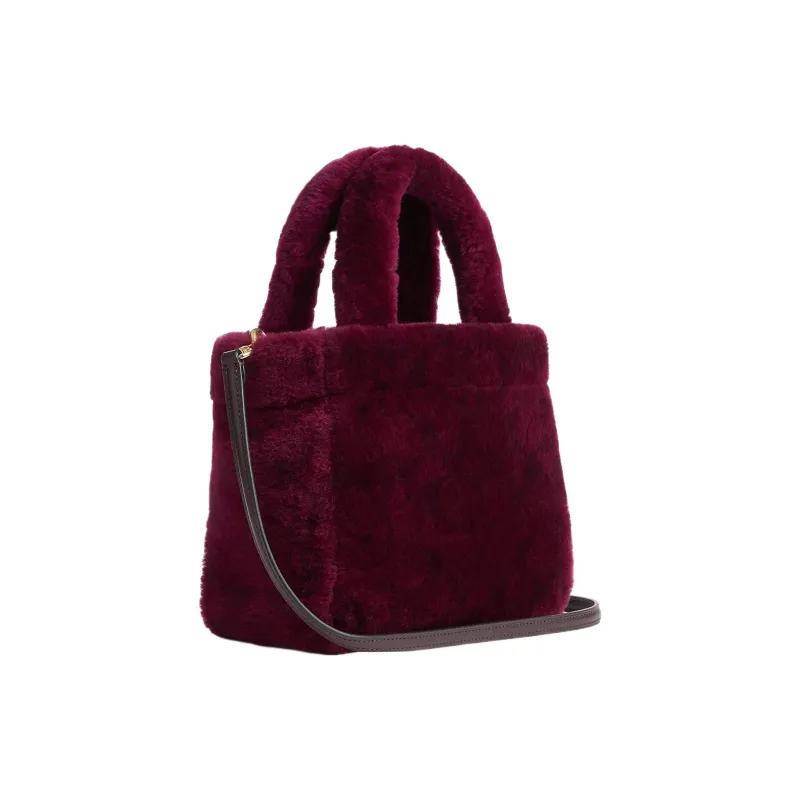 COACH Shearling Bonded Leather Tote Bag Shopping Bag Shoulder Bag Crossbody Bag Handbag Small Size Women's Burgundy-1