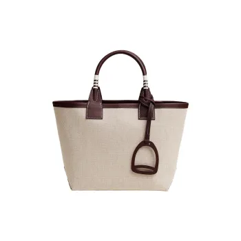 HERMES Canvas With Swift Calfskin Tote Bag Shopping Bag Handbag Women's Light Beige/Maroon