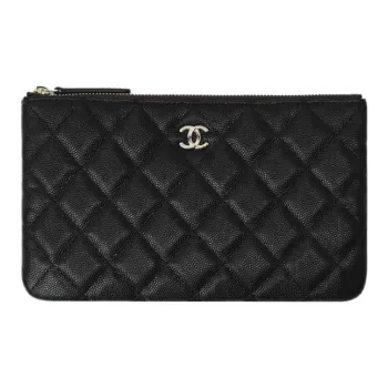 CHANEL Grained Calfskin Card Holder Wallet Clutches Women's Black