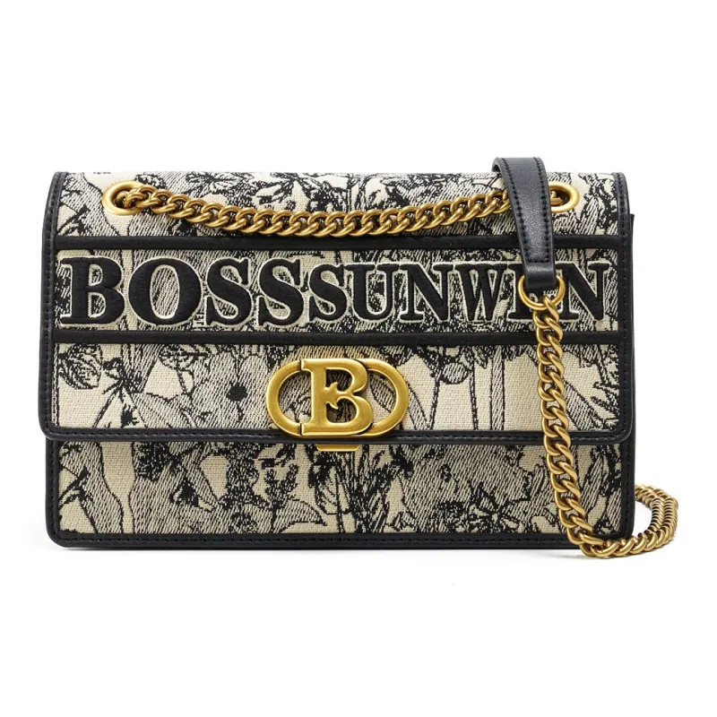BOSSSUNWEN Textile, Cow Leather, Lock Casual Commute Date Shoulder Bag, Shoulder Bag Medium Size Women's-5