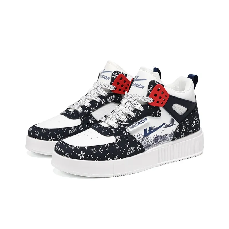 Warrior Paisley Wave Non-slip Lightweight Mid-Top Skateboard Shoes Unisex White Dark Blue-2