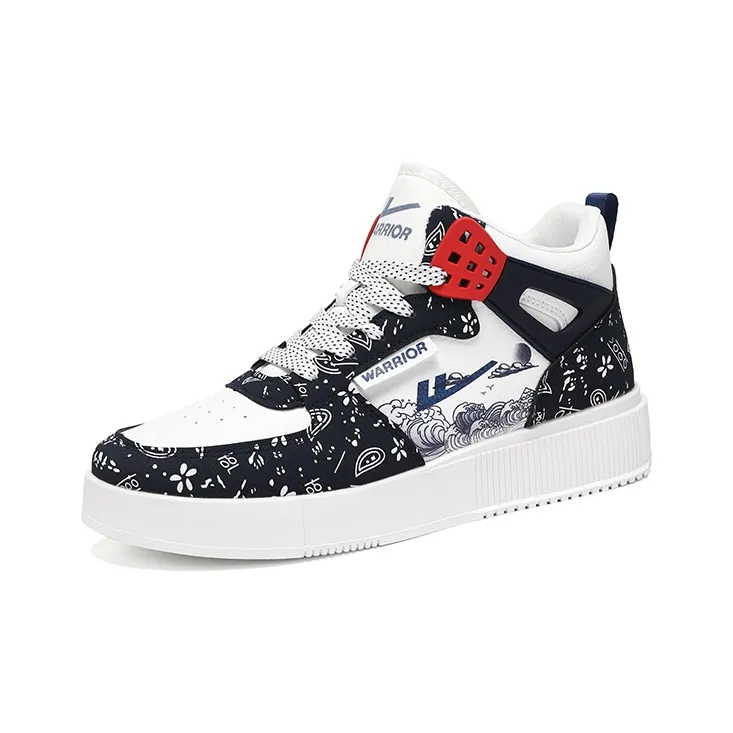 Warrior Paisley Wave Non-slip Lightweight Mid-Top Skateboard Shoes Unisex White Dark Blue-1
