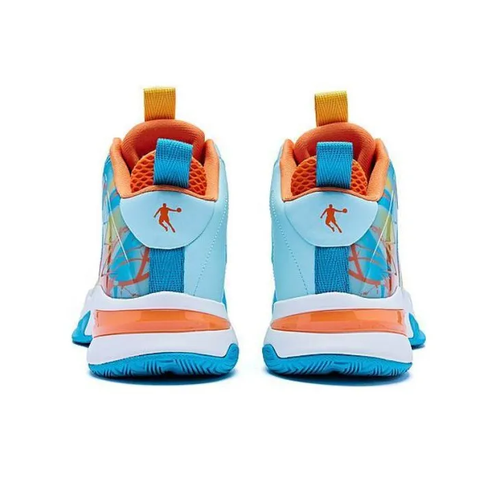 QIAODAN Cushioning Wear Resistant Mid Top Basketball Shoes Men's Blue Orange-3