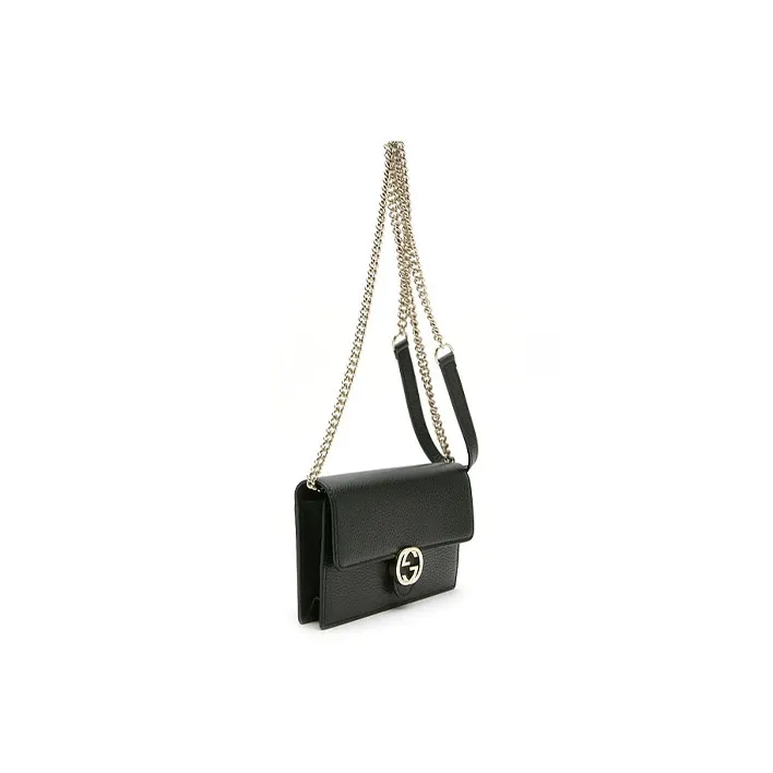 GUCCI Double G Leather WOC Chain Shoulder Messenger Bag Black-4