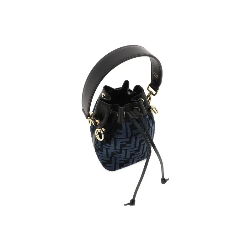 FENDI Mon Tresor Fabric Cow Leather Patchwork Bucket Bags Shoulder Bag Crossbody Bag Handbag Mini Women's Blue-4