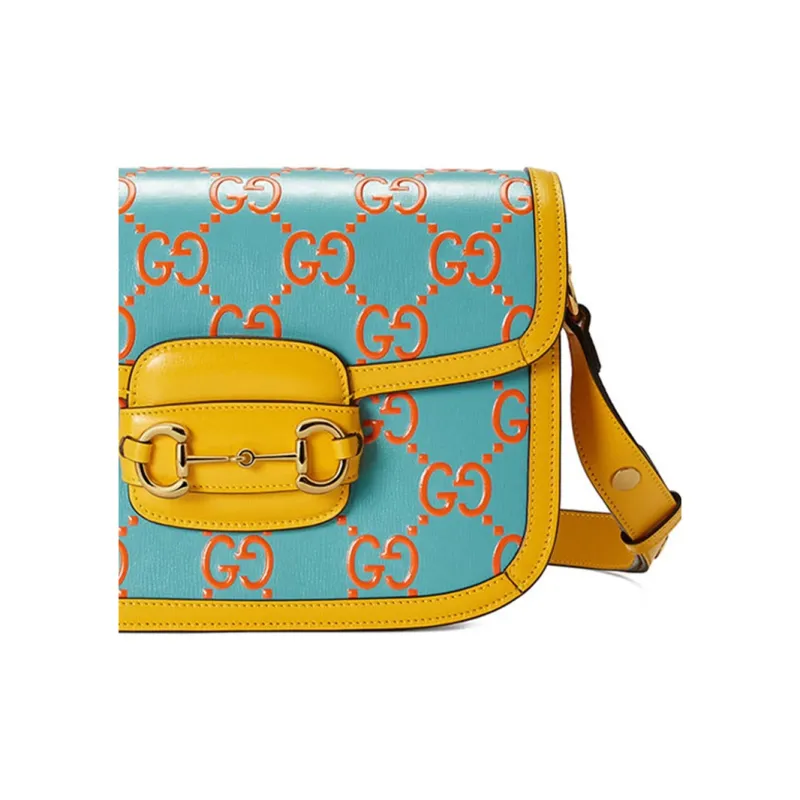 GUCCI Horsebit 1955 Leather Saddle Bag Shoulder Bag Crossbody Bag Handbag Regular Women's Sky Blue Multicolor Yellow-5