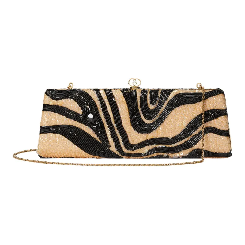 GUCCI Broadway Embroidered Silk Satin Evening Party Bag One Shoulder Crossbody Clutch Small Size Women's Beige & Black-2