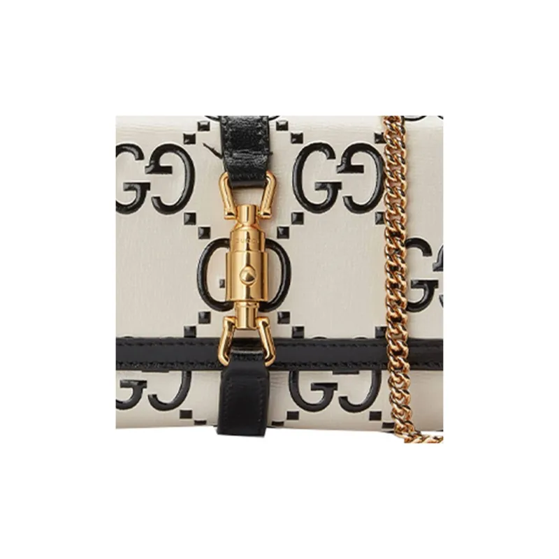 GUCCI Jackie 1961 Canvas With Leather WOC Chain Bag Shoulder Bag Crossbody Bag Small Size Women's Black White-4