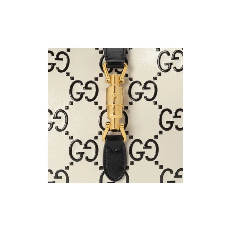GUCCI Jackie 1961 Canvas With Leather Trim Crescent Shoulder Bag Shoulder Bag Small Size Women's White Black Multicolor-8