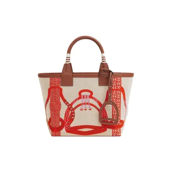 HERMES H Plume Canvas With Swift Calfskin Tote Bag, Shopping Bag, Handbag Women's Orange Red & Light Beige