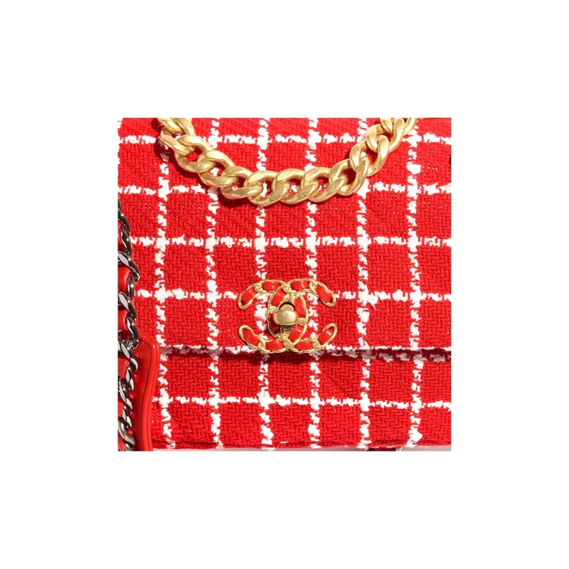 CHANEL 23C Spring 19 Bag Cotton Tweed Handbag, Shoulder Bag, Crossbody Bag Women's Red/White-2