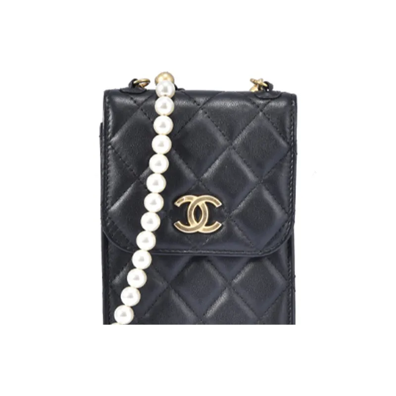 CHANEL Lambskin Shoulder Bag, Crossbody Bag, Cell Phone Pouch Mini Women's Black-4