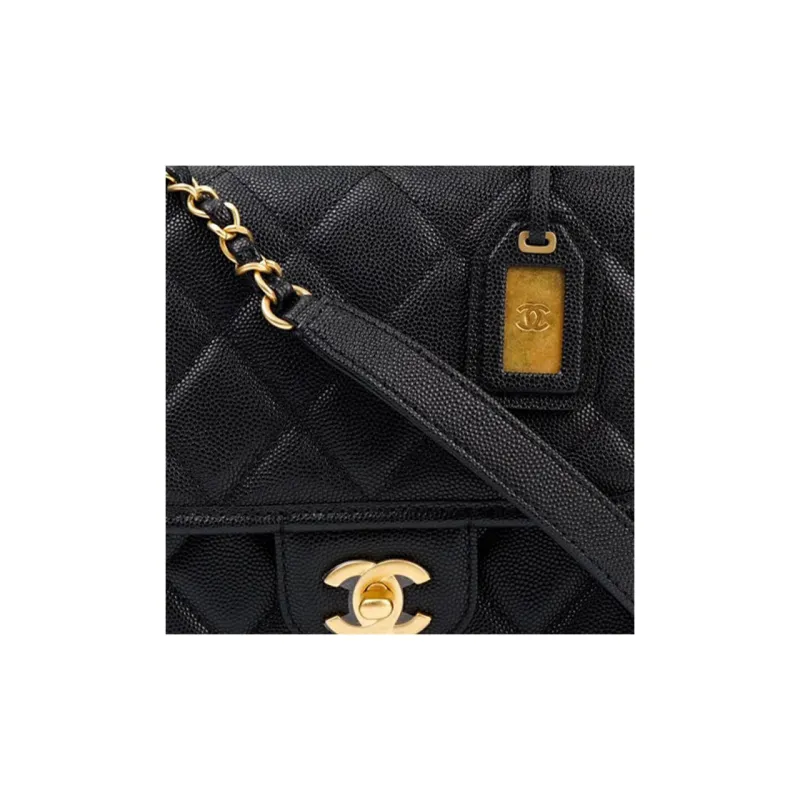 CHANEL Caviar Cow Leather Messenger Bag, Tofu Bag, Handbag, Shoulder Bag, Crossbody Bag Trumpets Women's Black-7