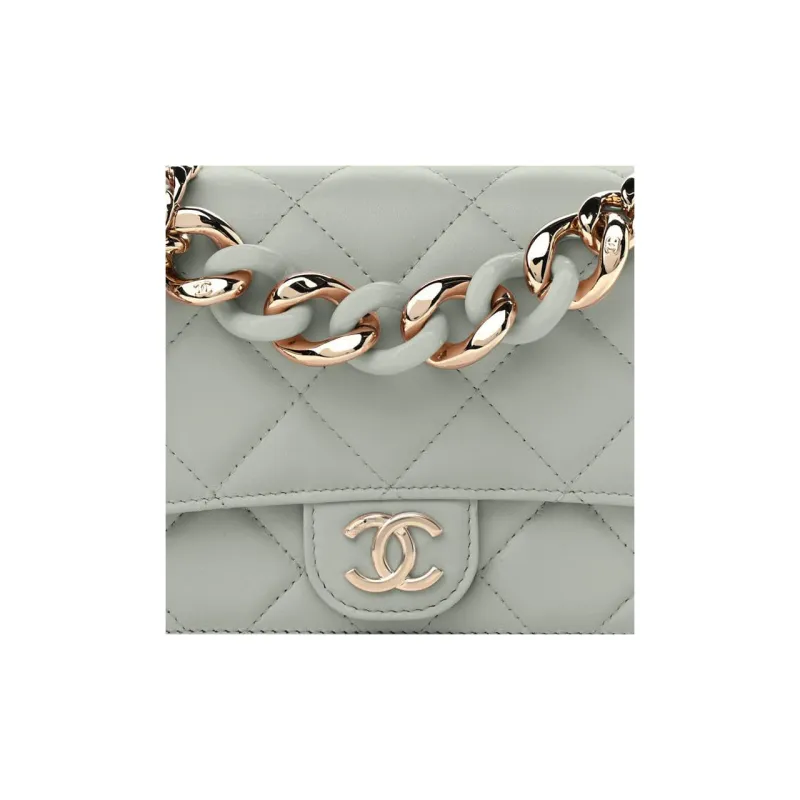CHANEL WOC Lambskin Flap Bag Wallet On Chain, Small Square Bag, Shoulder Bag, Crossbody Bag Women's Gray Green-1