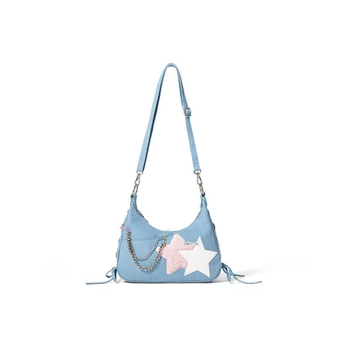Sound For Life Fabric, Synthetic Leather Shoulder Bag Small Size Women's Blue