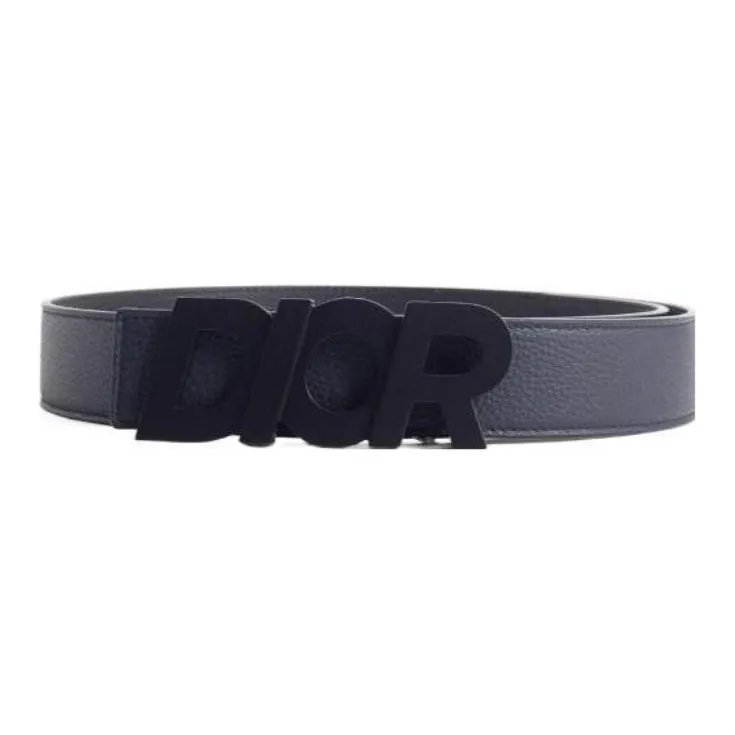 DIOR Logo Emblem, Smooth Buckle Leather Belts Men's Blue Width 3.5CM-0