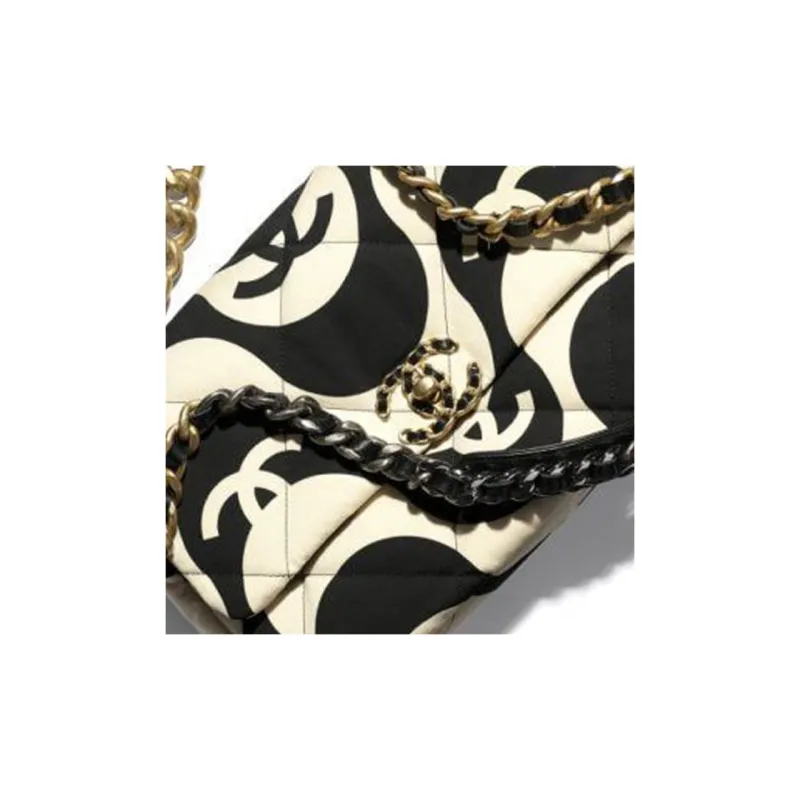 CHANEL 19Bag Fabric One Shoulder Handbag, Crossbody Bag Trumpets Women's Black White-3