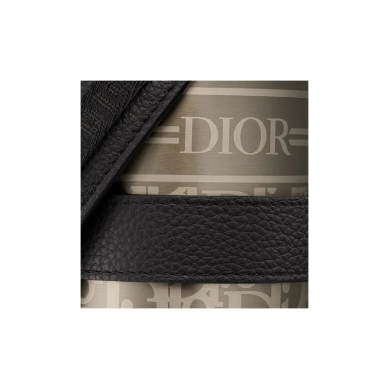 DIOR Aqua Black Grained Cow Leather With Oblique Printed Fabric Cell Phone Pouch Unisex Beige/Black-3
