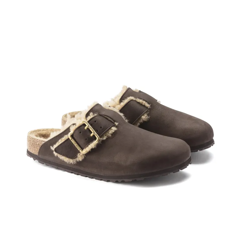 Birkenstock Boston Bold Shearling Slip Resistant Wrap toe Slippers Men's Coffee Narrow Fit-3