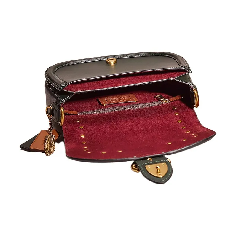 COACH Beat Glove Tanning Saddle Bag, Shoulder Bag, Crossbody Bag Medium Size Women's Brass & Amazon Green-2
