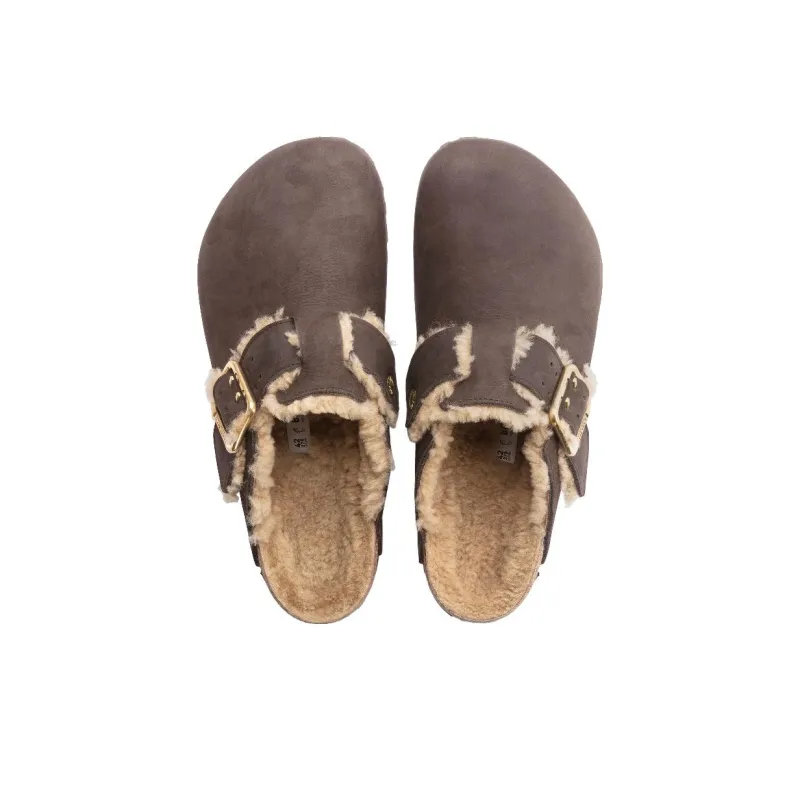 Birkenstock Boston Bold Shearling Slip Resistant Wrap toe Slippers Men's Coffee Narrow Fit-4