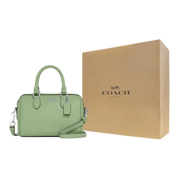 COACH Cross Grain Leather Boston Bag, Handbag, Shoulder Bag, Crossbody Bag Trumpets Women's Azure Grass Green-6