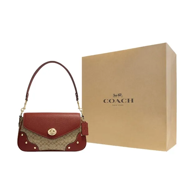 COACH Coated Canvas With Refined Pebbled Leather Handbag Shoulder Bag Women's Khaki With Terracotta-6