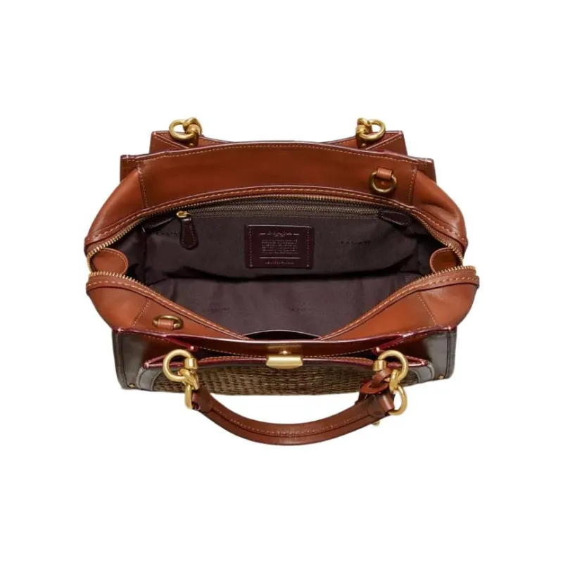 COACH Dreamer Straw Woven With Calfskin Handbag Shoulder Bag Crossbody Bag Large Size Women's Brown And Yellow-3