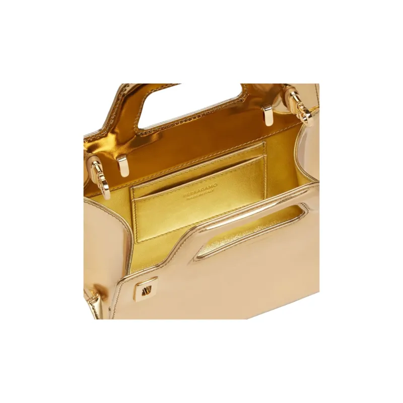 FERRAGAMO Mirror Finish Layered Calfskin Shoulder Bag Crossbody Bag Handbag Mini Women's Gold-4