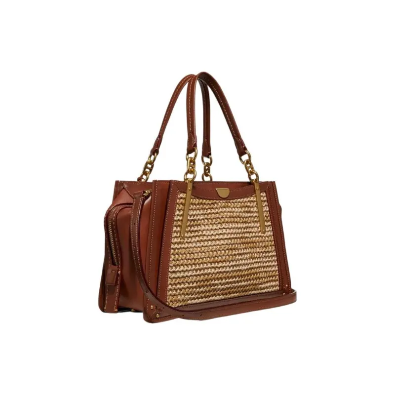 COACH Dreamer Straw Woven With Calfskin Handbag Shoulder Bag Crossbody Bag Large Size Women's Brown And Yellow-2