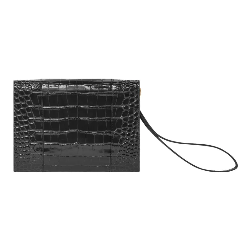 Balenciaga Shiny Crocodile Pattern Embossed Calfskin Clutch Women's Black-3