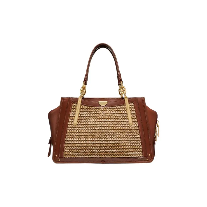 COACH Dreamer Straw Woven With Calfskin Handbag Shoulder Bag Crossbody Bag Large Size Women's Brown And Yellow-1
