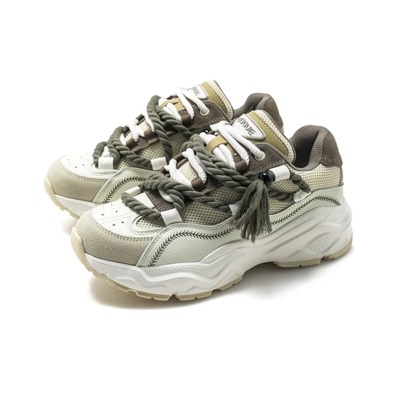 Ancient Finches Fringe Collection Low Top Chunky Sneakers Unisex Beige Green-1
