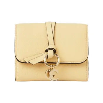 Chloe Alphabet Grained Calfskin Smooth Calfskin Card Holder Wallet Small Size Women's Light Yellow