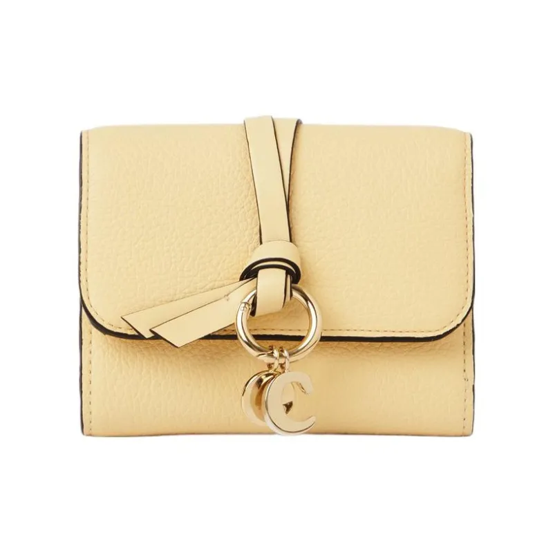 Chloe Alphabet Grained Calfskin Smooth Calfskin Card Holder Wallet Small Size Women's Light Yellow-0