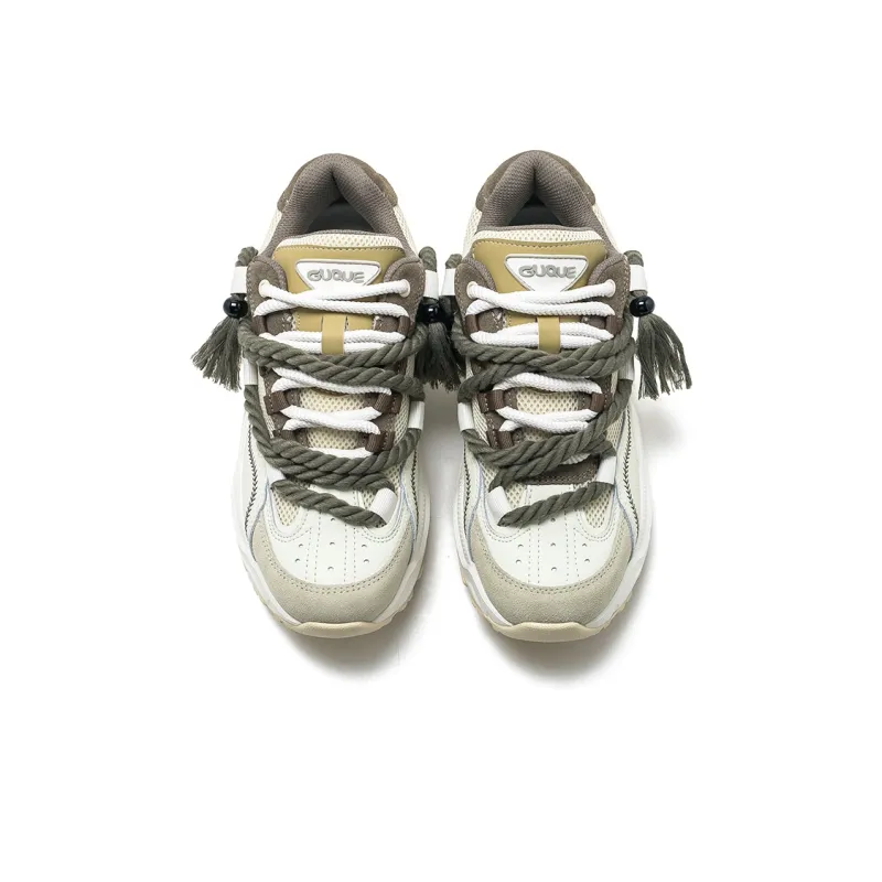 Ancient Finches Fringe Collection Low Top Chunky Sneakers Unisex Beige Green-4