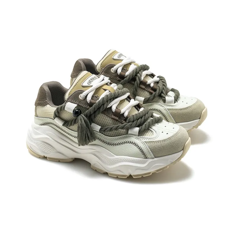 Ancient Finches Fringe Collection Low Top Chunky Sneakers Unisex Beige Green-3