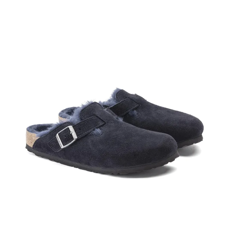 Birkenstock Boston Shearling Wrap-toe Slippers Unisex Midnight Blue Narrow Fit-3