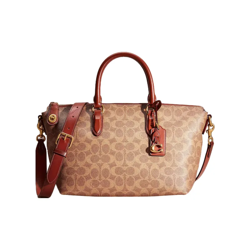 COACH Cara Canvas With Leather Tote Bag Shopping Bag Handbag Shoulder Bag Crossbody Bag Large Size Women's Brown-0