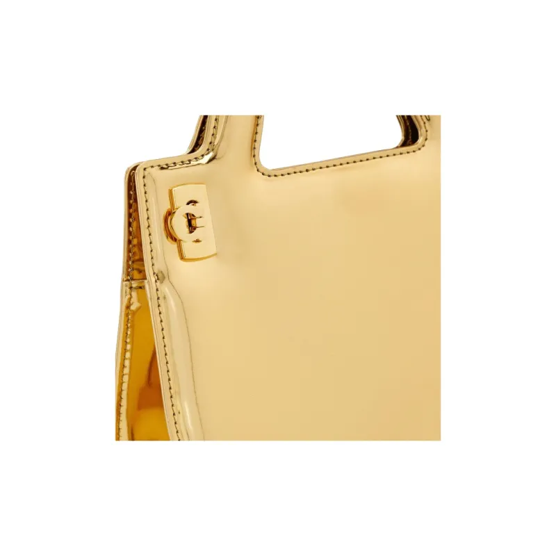 FERRAGAMO Mirror Finish Layered Calfskin Shoulder Bag Crossbody Bag Handbag Mini Women's Gold-3