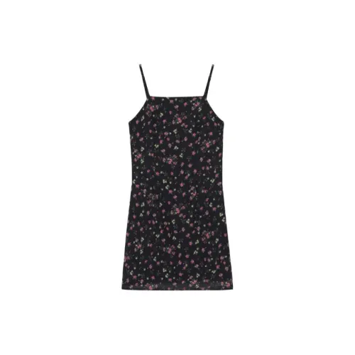 OYANXI Slip Dresses Women's Black Background With Pink Flowers