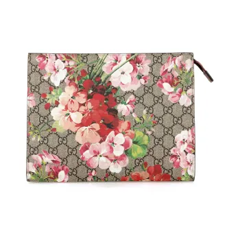 GUCCI GG Blooms Canvas With Leather Clutch Large Size Women's Ebony/Pink