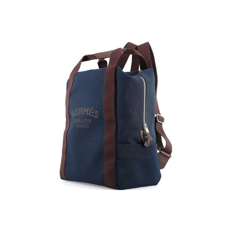 HERMES Groom Cotton Blend With Barenia Calfskin Backpack Unisex Marine Blue/Flame Orange-2
